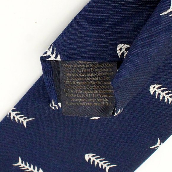 Brooks Brothers 100% Silk Tie Fish Skeleton Bones Navy Blue White Jacquard Men's - Picture 6 of 9